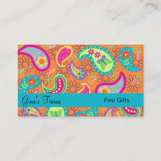 OrangeTurquoise Blue Modern Paisley Whimsy Pattern Business Card (Front)