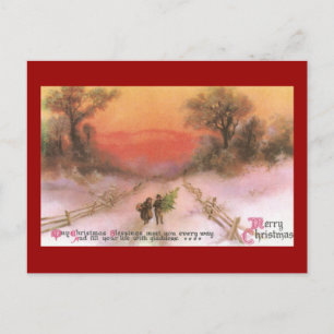 Orangey Sunset Over Snowy Lane Vintage Xmas Holiday Postcard