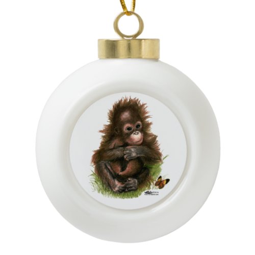 Orangutan Baby and Butterfly Ceramic Ball Christmas Ornament
