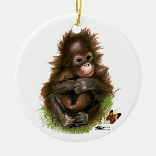Orangutan Baby and Butterfly Ceramic Ornament