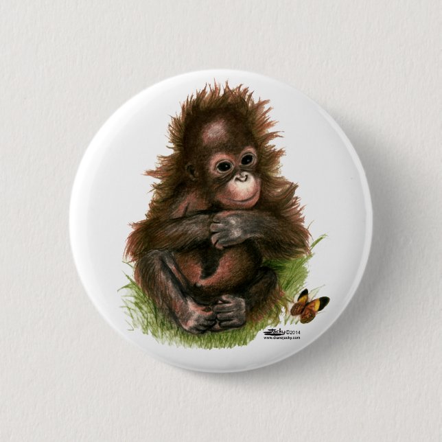 Orangutan Baby and Butterfly Pinback Button (Front)