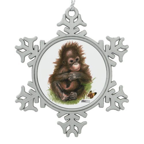 Orangutan Baby and Butterfly Snowflake Pewter Christmas Ornament