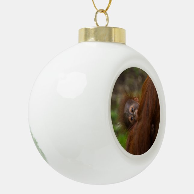 Orangutan Baby Having A Peek Ceramic Ball Christmas Ornament (Left)