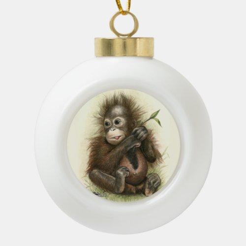 Orangutan Baby With Leaves Ceramic Ball Christmas Ornament