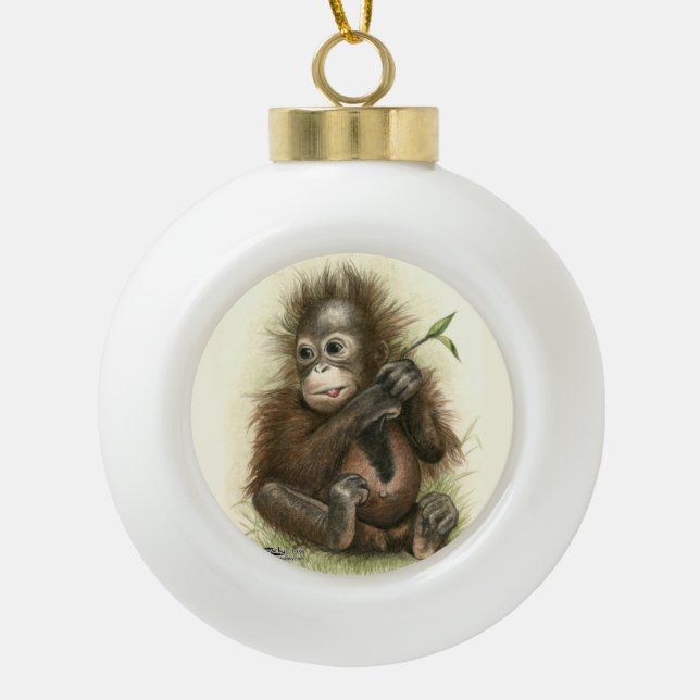 Orangutan Baby With Leaves Ceramic Ball Christmas Ornament (Front)