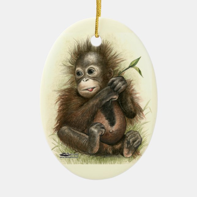 Orangutan Baby With Leaves Ceramic Ornament (Front)