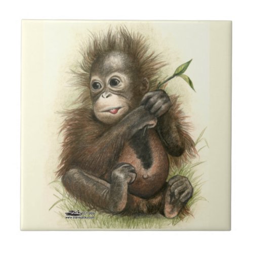 Orangutan Baby With Leaves Ceramic Tile