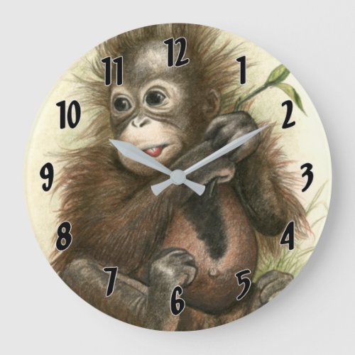 Orangutan Baby With Leaves Large Clock