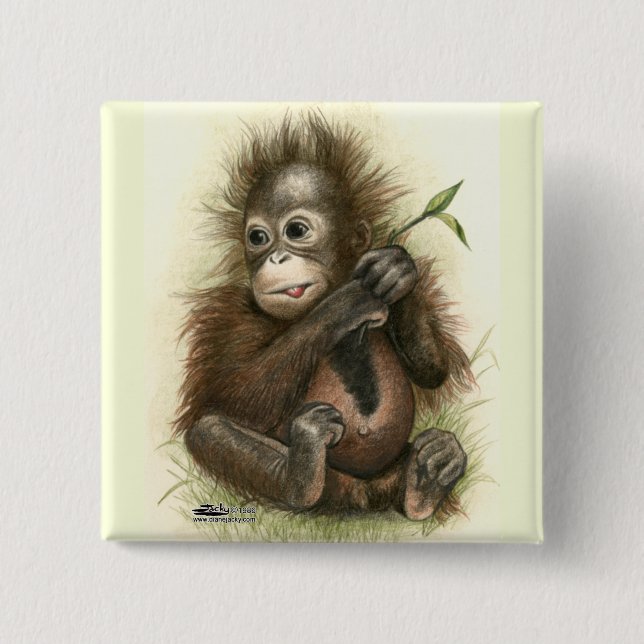 Orangutan Baby With Leaves Pinback Button (Front)