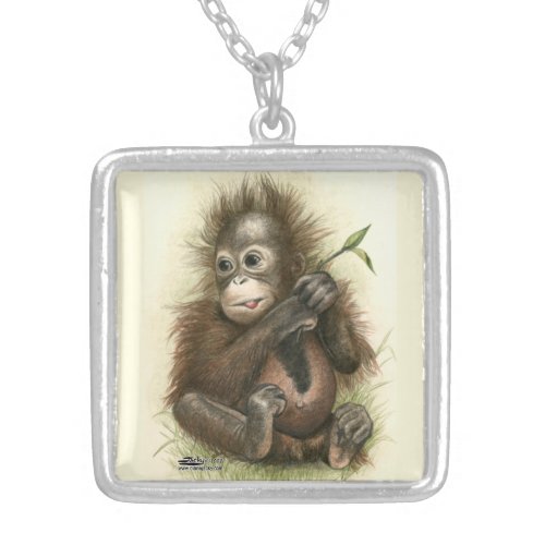 Orangutan Baby With Leaves Silver Plated Necklace