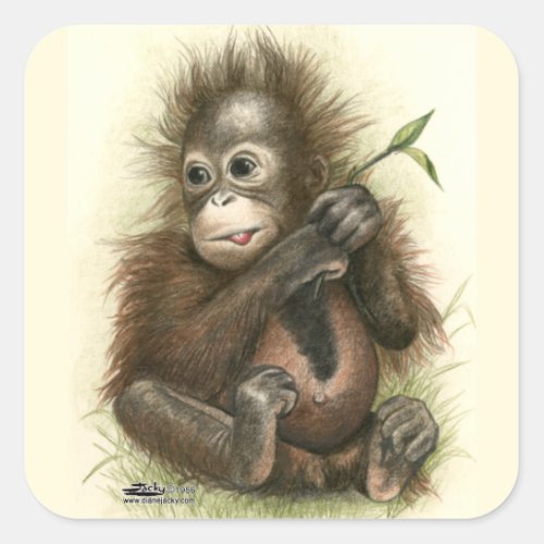 Orangutan Baby With Leaves Square Sticker