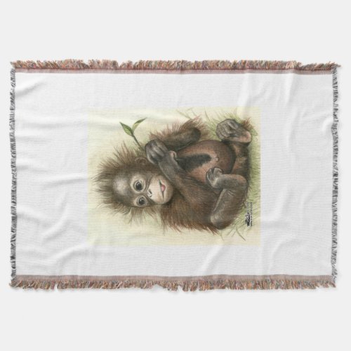 Orangutan Baby With Leaves Throw Blanket