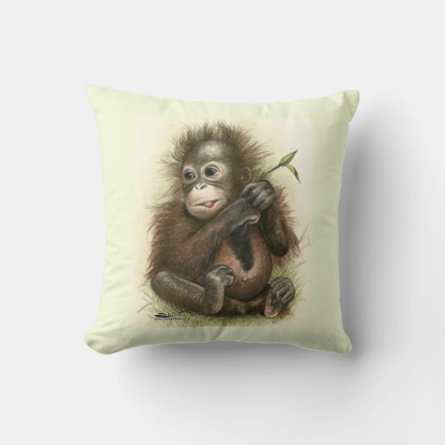 Orangutan Baby With Leaves Throw Pillow