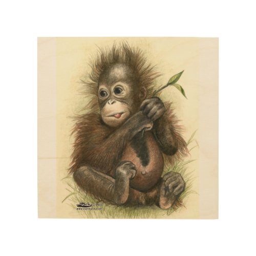 Orangutan Baby With Leaves Wood Wall Decor