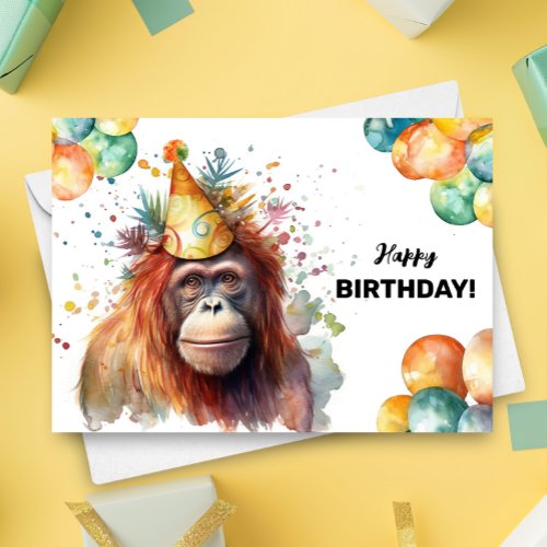 Orangutan Balloons and Party Hat Happy Birthday Card