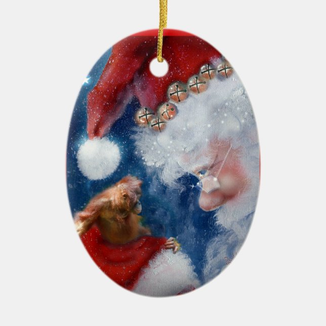 Orangutan Christmas with Santa Ceramic Ornament (Front)