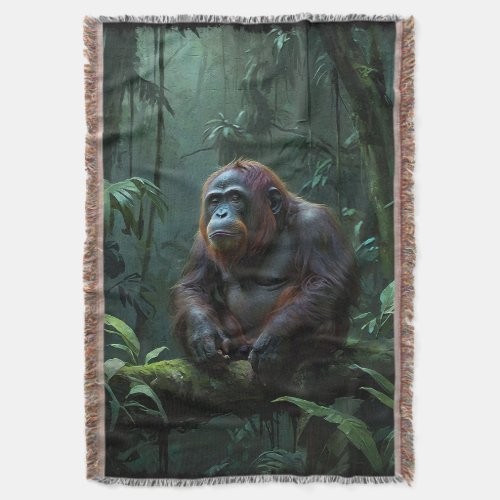 Orangutan Elder in Borneo Jungle Throw Blanket