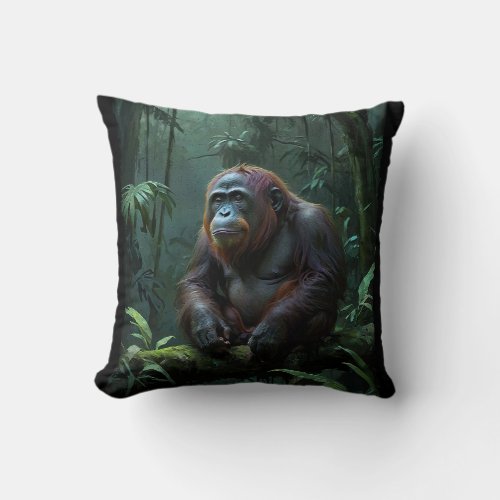 Orangutan Elder in Borneo Jungle Throw Pillow