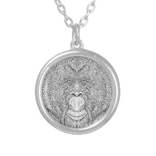 Orangutan Monkey Tee - Tattoo Art Style Coloring Silver Plated Necklace