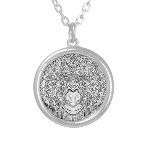 Orangutan Monkey Tee _ Tattoo Art Style Coloring Silver Plated Necklace