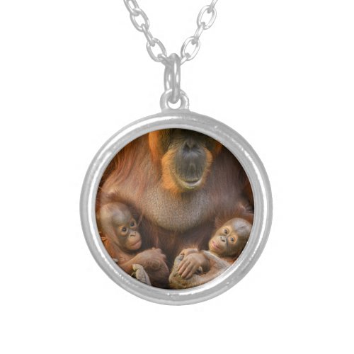 Orangutan Mother Holding Two Babies Silver Plated Necklace