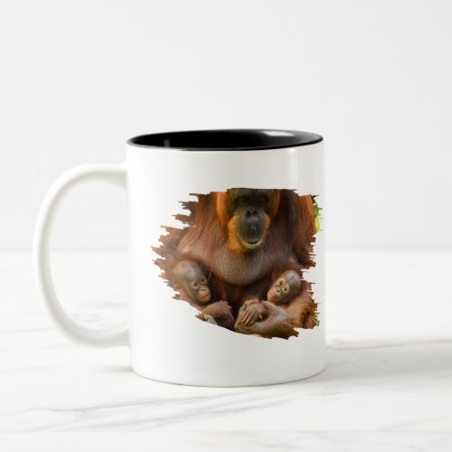 Orangutan Mother Holding Two Babies Two_Tone Coffee Mug