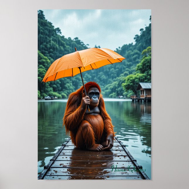 Orangutan with Orange Umbrella Poster (Front)