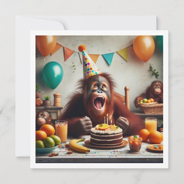 Orangutang celebrating birthday, party apes invitation (Front)