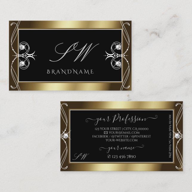 Orante Black Brown Golden Sparkle Jewels Monogram Business Card (Front/Back)