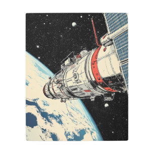Orbiting Space Station – Retro Sci-Fi Metal Print