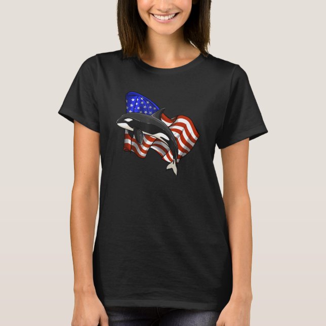 Orca American Flag 4th of July USA Whale America T-Shirt (Front)