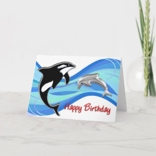 Orca and Dolphin in the Waves Birthday Card