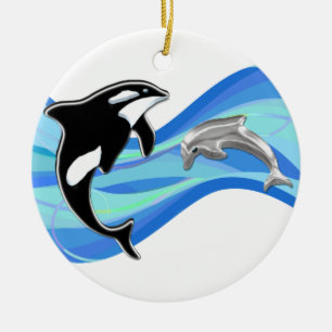Orca and Dolphin in the Waves Ceramic Ornament