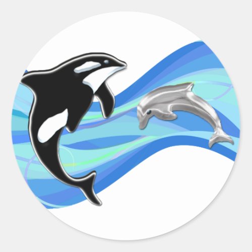 Orca and Dolphin in the Waves Classic Round Sticker