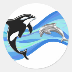 Orca and Dolphin in the Waves Classic Round Sticker