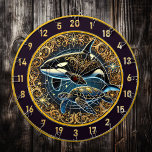 Orca and Turtle Dartboard Wall Centerpiece<br><div class="desc">Make a bold statement in your fishing lodge or man cave with this stunning centerpiece. This circular wall art features a majestic orca swimming alongside a vibrant blue turtle, framed by golden floral patterns and shining stars. Perfect for a dartboard, it’s a striking blend of rustic charm and artistic elegance....</div>