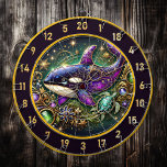 Orca and Turtle Themed Wall Art Dart Board<br><div class="desc">Add a touch of elegance and marine-inspired charm to your man cave or fishing lodge with this stunning orca and turtle-themed wall art. The centerpiece is a graceful orca, adorned with intricate patterns of purple, gold, and blue that shimmer like stained glass. Complementing the orca, a beautifully detailed turtle swims...</div>