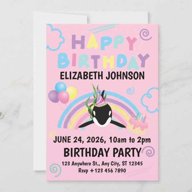 Orca Birthday Invitation in Pink (Front)