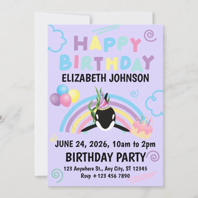 Orca Birthday Invitation in Purple (Front)