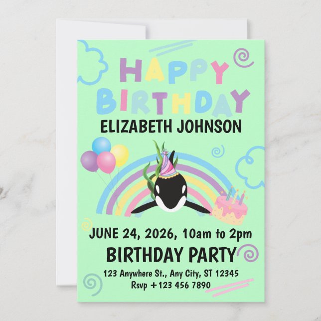 Orca Birthday Party Invitation in Green (Front)