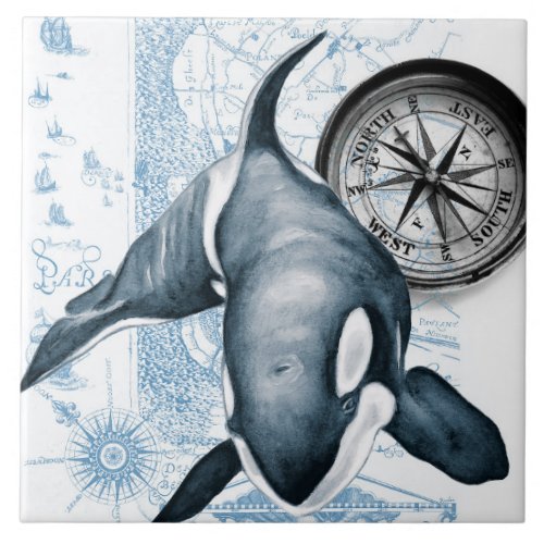 Orca Blue Compass Vintage Map Ceramic Tile