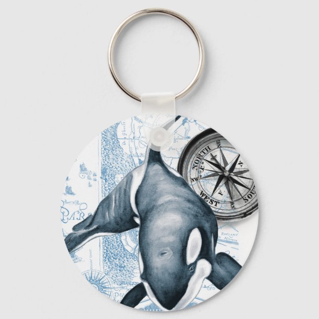 Orca Blue Compass Vintage Map Keychain (Front)