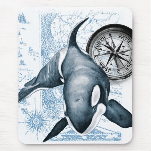 Orca Blue Compass Vintage Map Mouse Pad