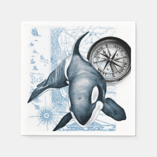 Orca Blue Compass Vintage Map Napkins