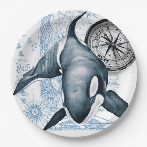 Orca Blue Compass Vintage Map Paper Plates