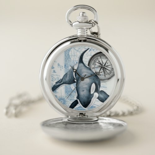 Orca Blue Compass Vintage Map Pocket Watch