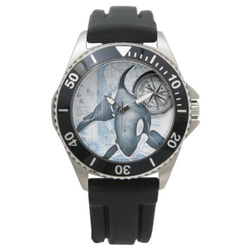 Orca Blue Compass Vintage Map Watch