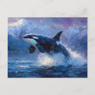 Orca Breaching Near Snowy Mountains Postcard