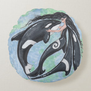 Orca Faery Pixie Killer Whale Yin Yang Round Pillow