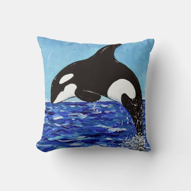 Orca in the Blue Painting Throw Pillow (Front)